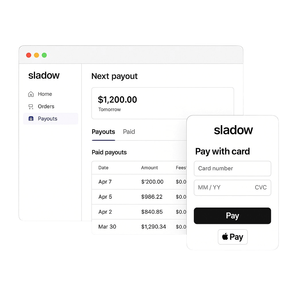 Sladow dashboard & checkout mock-ups